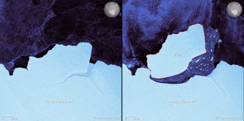 Satellite images taken before and after D-28 broke free of the Amery Ice Shelf in Antarctica.