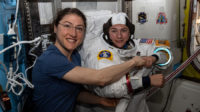 Christina Koch (left) and Jessica Meir getting ready for their spacewalk on Friday.