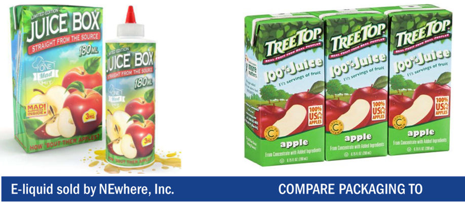 Vaping liquid packaged as if it were a children's juice box shown next to a pack of children's juice boxes.