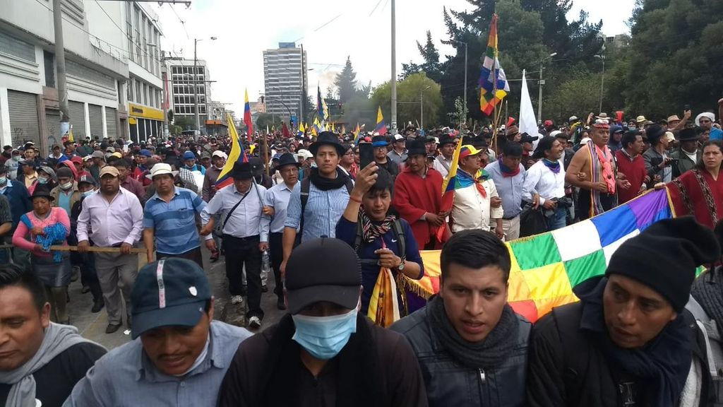 Indigenous protesters march in Quito.