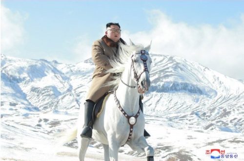 North Korean leader Kim Jong-un on horseback on Paektu Mountain.