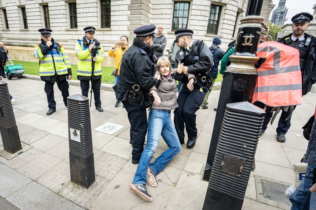 Extinction Rebellion protester arrested outside HM Treasury, Horse Guards Lane in London, UK.
