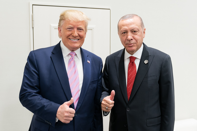 President Donald J. Trump talks with President of the Republic of Turkey Recep Tayyip Erdogan