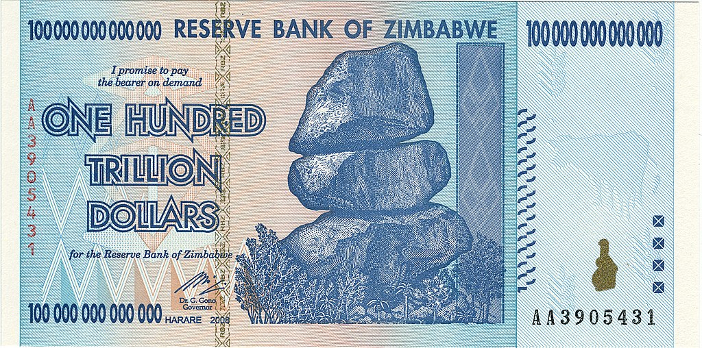 The Obverse of the 2009 Zimbabwe $100 trillion banknote.