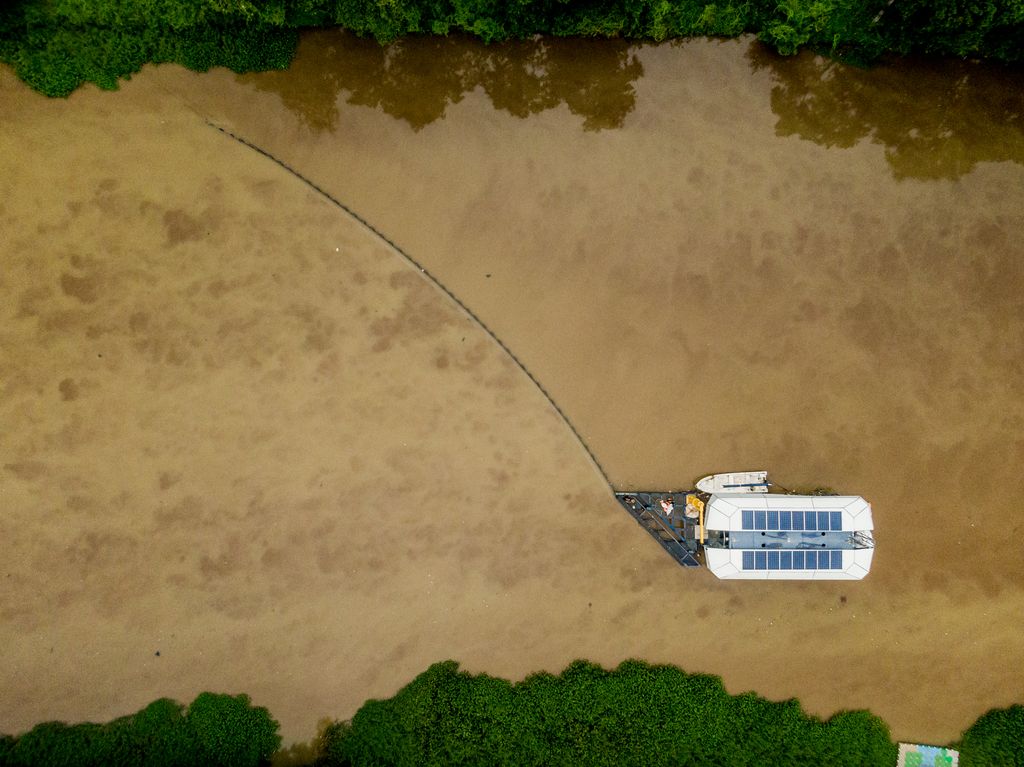 Aerial view of the Ocean Cleanup's Interceptor in Jakarta, Indonesia.