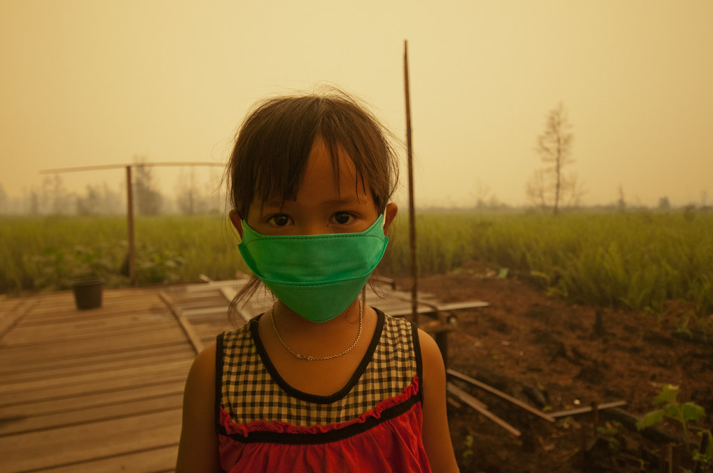 Children are forced to wear masks due to the toxic smoke from peat land fires. Palangka Raya, Central Kalimantan.