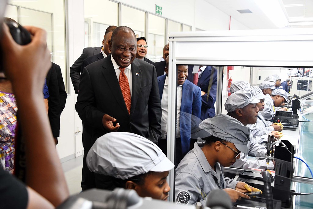 President Cyril Ramaphosa during a walk-about at the launch of launch of the Mara Phone Manufacturing Plant in Durban. [Photo: GCIS]