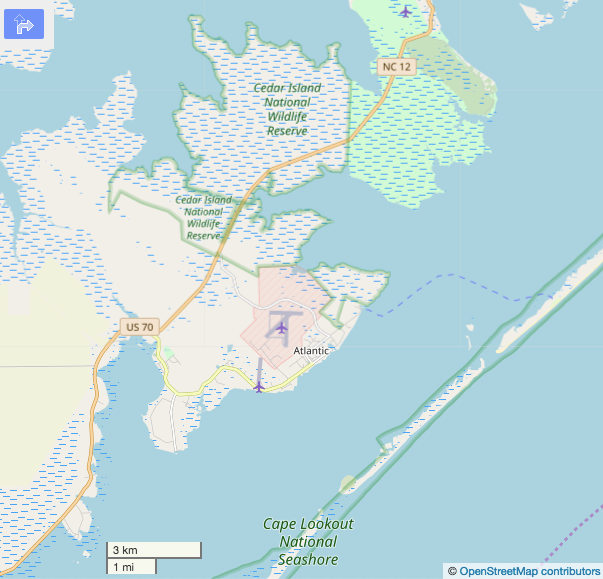 Map showing distance between Cedar Island and Cape Lookout National Seashore.