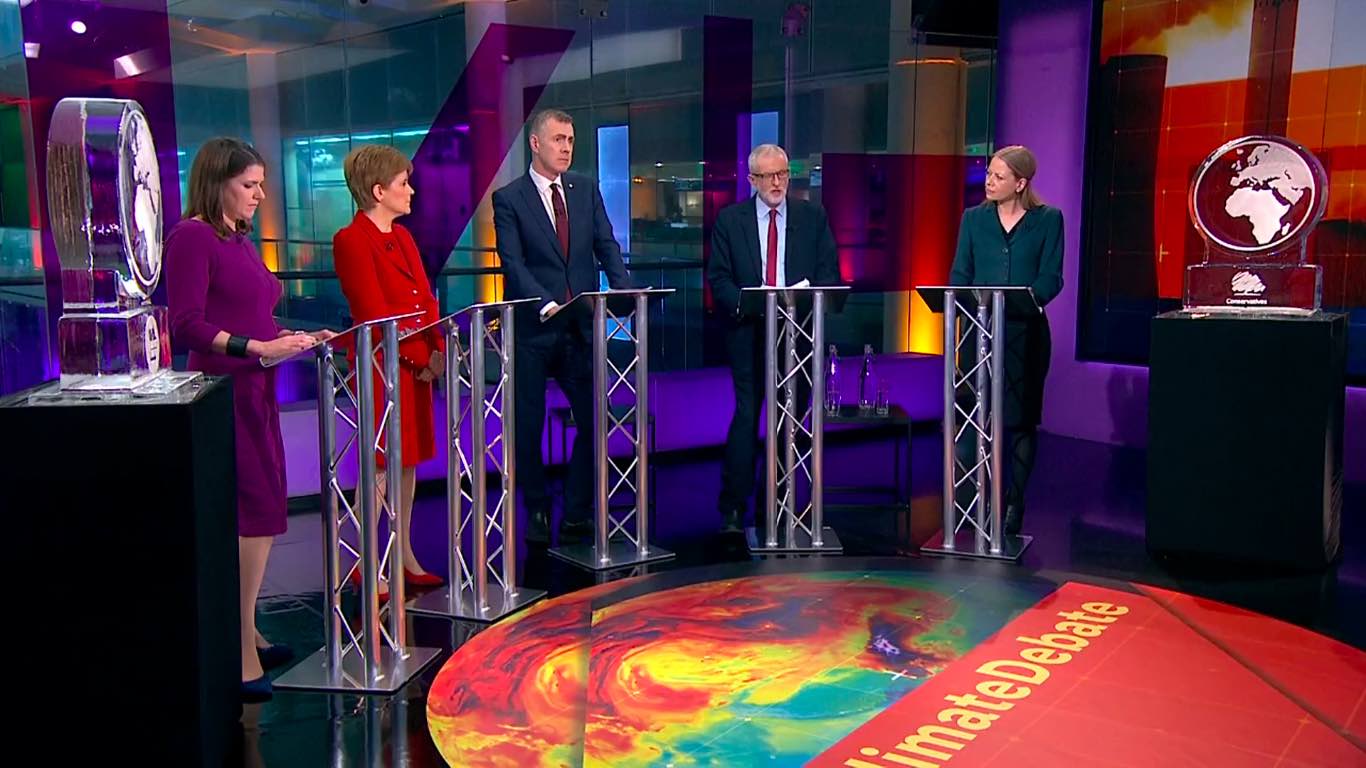 UK Party leaders debate over the climate crisis as Boris Johnson and Nigel Farage are represented by blocks of ice.