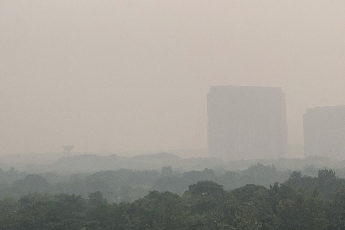Smog-obscured view of buildings near New Delhi on 10-31-2019.