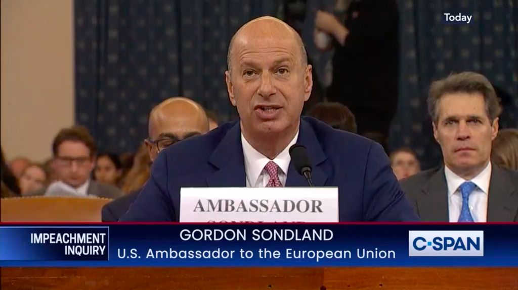 US Ambassador to the European Union Gordon Sondland speaks to the US House hearing as part of an impeachment investigation of US President Donald Trump.