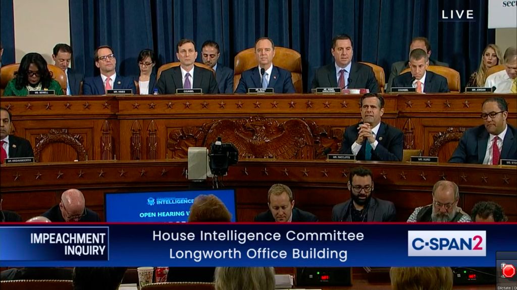 Representatives of the US House are shown during impeachment investigation of US President Donald Trump.