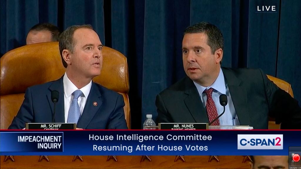 Representatives Adam Schiff (left) and Devin Nunes (right) shown during the impeachment investigation of US President Donald Trump.