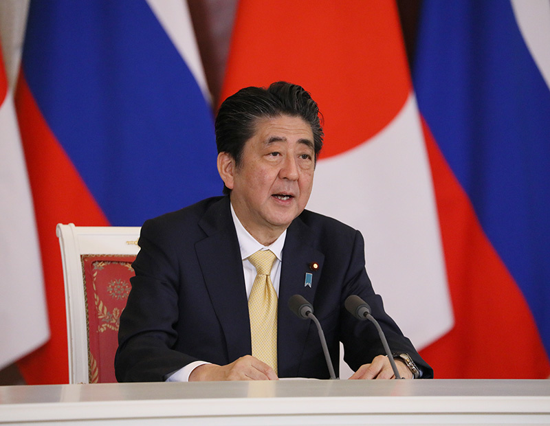 Prime minister Shinzō Abe at a joint press conference in Russia in 2018.