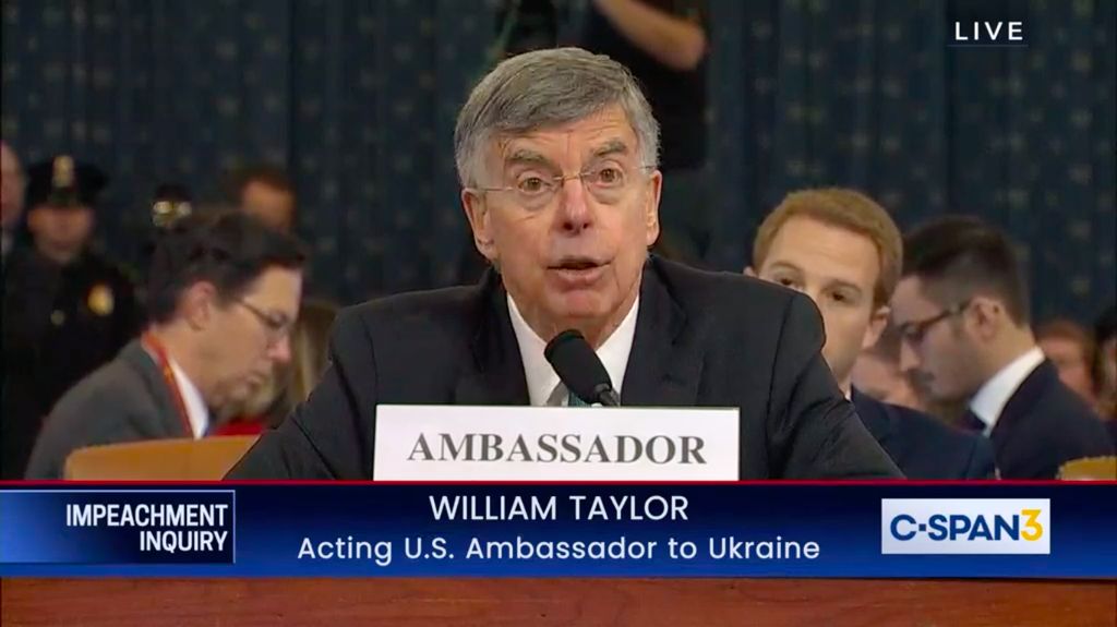 William Taylor speaks to the US House hearing as part of an impeachment investigation of US President Donald Trump.