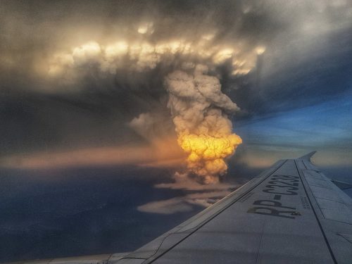 View of the Taal Volcano eruption from an airplane