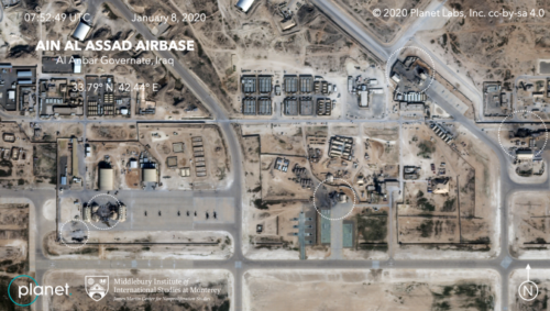 Satellite image, showing the damage to at least five structures at Ain al-Assad air base in Iraq in a series of precision missile strikes launched by Iran