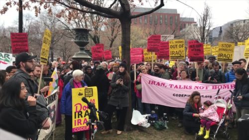 Washington, D.C. --- Jan. 4, 2020: U.S. anti-war activists protest America’s decades-long 'war for oil' in the Middle East after yesterday’s drone-strike assassination of Iranian Gen. Qassem Soleimani in Baghdad, Iraq.