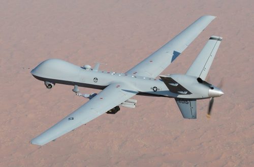 An MQ-9 Reaper unmanned aerial vehicle flies a combat mission over southern Afghanistan