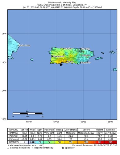 Shakemap from USGS for the magnitude 6.4, maximum intensity 6.809 earthquake with tsunami near en:Usgs Neic Shakemap (8km S of en:Indios, Puerto Rico), 10.0 km depth.