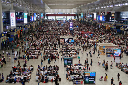 Crowded train station in Shanghai, China in 2019.