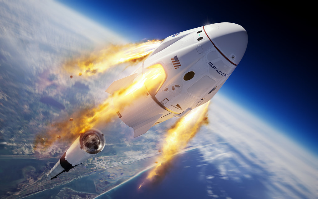 Illustration of the SpaceX Crew Dragon and Falcon 9 rocket during the company’s uncrewed In-Flight Abort Test