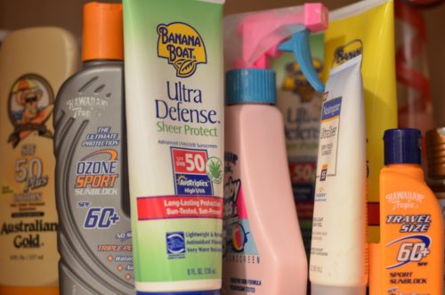 A collection of sunscreen bottles, 2012.
