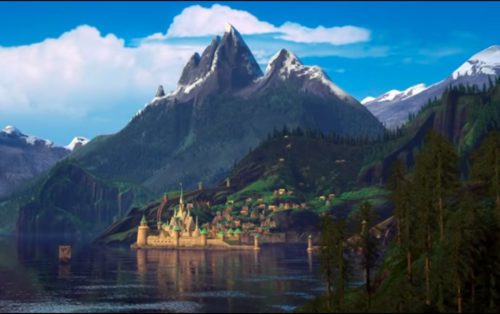 Screenshot of the village of Arendelle from the trailer of Walt Disney's "Frozen".