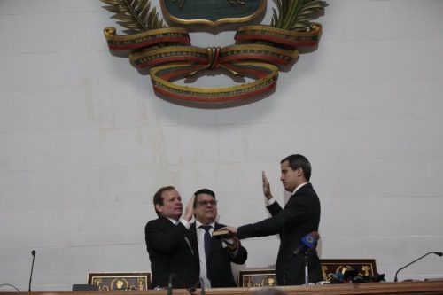 Juan Guaidó being sworn in as president of the National Assembly.