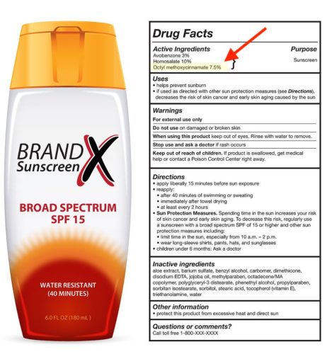 Sunscreen Label with reef-toxic chemical highlighted in ingredients.