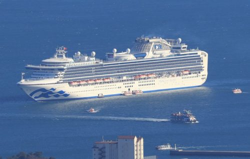 Diamond Princess seen from Mount Asama around port of Toba in Toba, Mie Prefecture, Japan.
