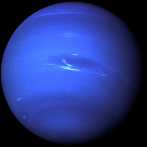 This picture of Neptune was produced from the last whole planet images taken through the green and orange filters on the Voyager 2 narrow angle camera.
