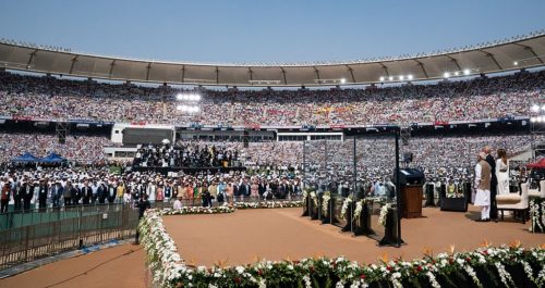 President Donald J. Trump and First Lady Melania Trump, joined by Indian Prime Minister Narendra Modi, greet the crowd as they arrive onstage at the Namaste Trump Rally Monday, Feb. 24, 2020, at Motera Stadium in Ahmedabad, India. (Official White House Photo by Andrea Hanks)