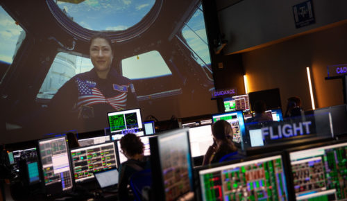 NASA astronaut Christina Koch is seen onboard the International Space Station from the Blue Flight Control Room, Tuesday, July 9, 2019 at NASA's Johnson Space Center in Houston, Texas. Photo Credit: (NASA/Bill Ingalls)