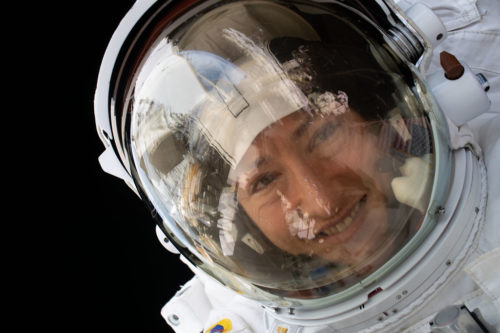 NASA astronaut Christina Koch is pictured during a spacewalk she conducted with NASA astronaut Jessica Meir (out of frame) to install new lithium-ion batteries on Jan. 15, 2020.