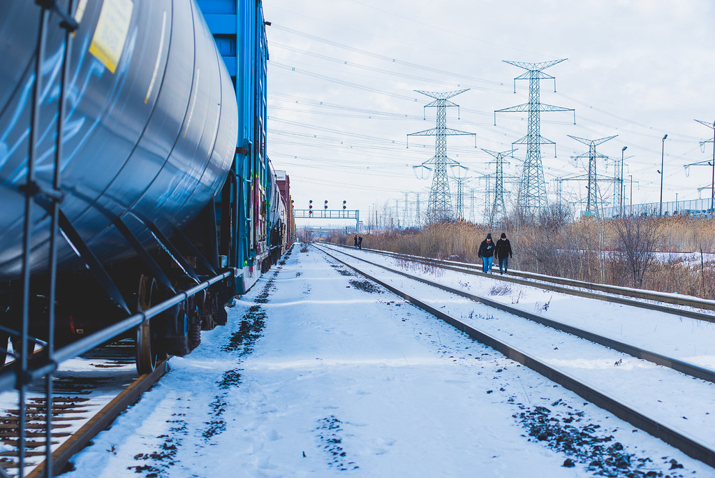 Land protectors walking down track to other sites - Wet'suwet'en Solidarity Event - Rail Yard near Pioneer Village Station Blockaded - Vaughan, Toronto, Ontario - February 15, 2020