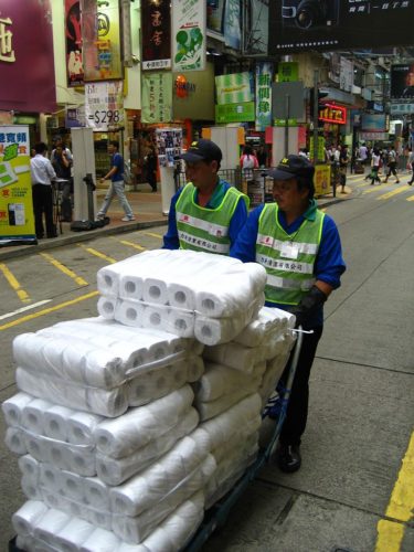 Toilet paper rolls being transported in Hong Kong.