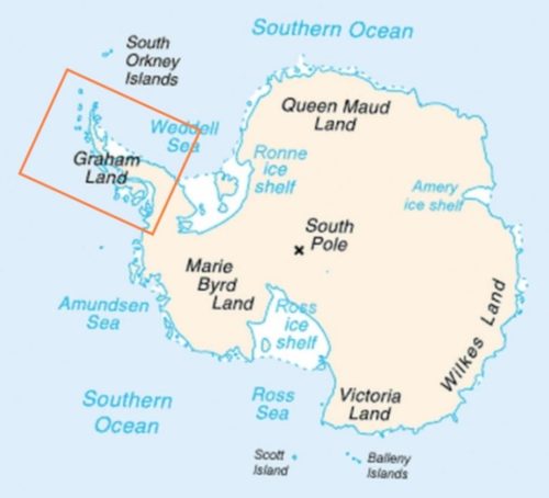 Map of Antarctica indicating location of Antarctic Peninsula.