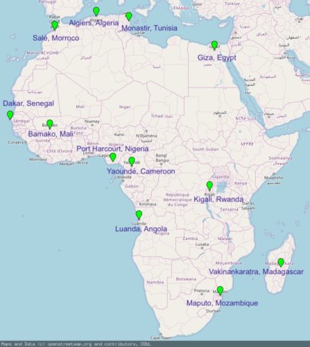 Map of Africa with location of BAL league teams marked.