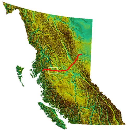 Map across British Columbia of Coastal-Gaslink pipeline. Box indicates disputed area.