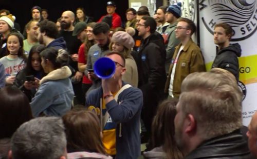 Talking to the crowd at the 2020 Iowa Caucuses.