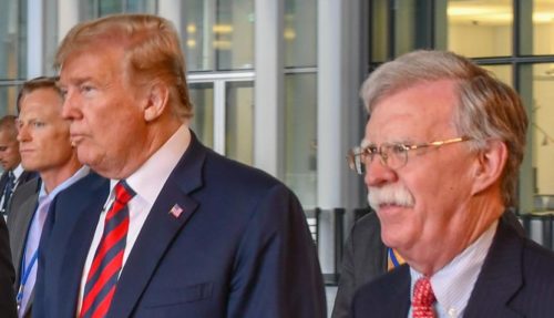 U.S. President Donald J. Trump with National Security Advisor John Bolton during the NATO Foreign Ministerial in Brussels, Belgium on July 12, 2018.
