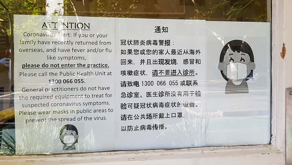 Warning outside medical centre in Sydney due to outbreak of coronavirus