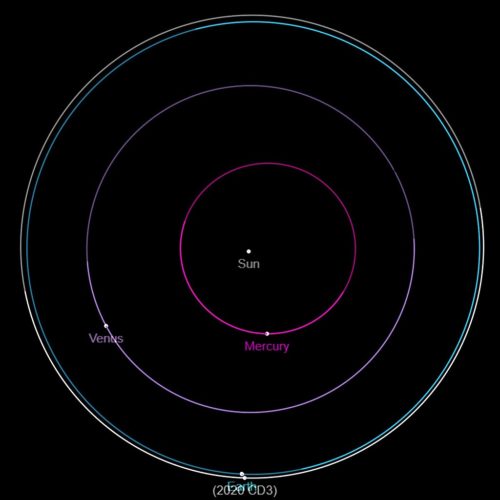 Polar view of the orbit of asteroid 2020 CD3, generated by the Jet Propulsion Laboratory's JPL Small-Body Database Browser.