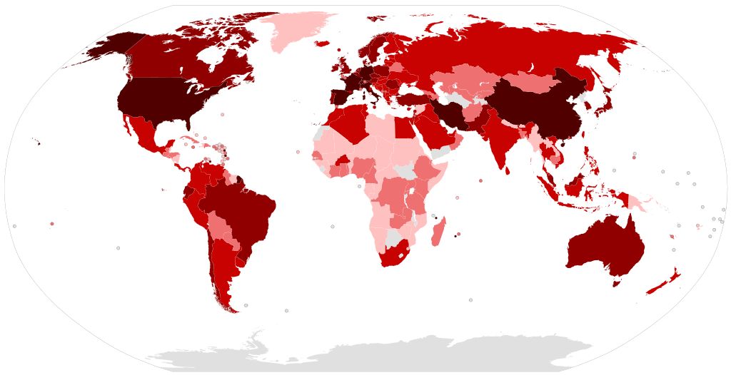 Map of COVID-19 infected countries and territories as of March 25, 2020.