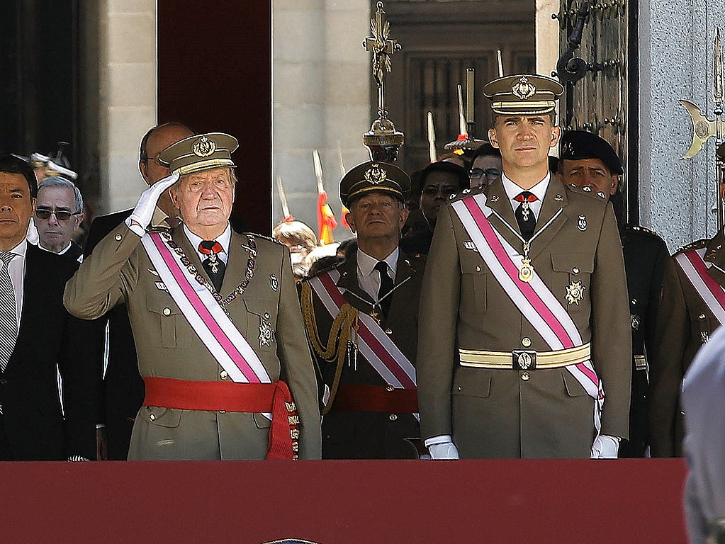 King Juan Carlos I and Felipe of Bourbon on 3 June 2014, shortly after the announcement of the intended abdication of the former.