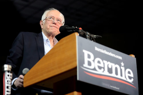 U.S. Senator Bernie Sanders speaking with supporters at a campaign rally at Arizona Veterans Memorial Coliseum in Phoenix, Arizona.