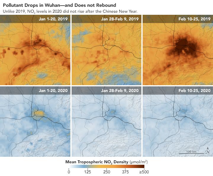 NASA and European Space Agency (ESA) pollution monitoring satellites have detected significant decreases in nitrogen dioxide (NO2) over China. The yellow and red in the top row show pollution levels in 2019. In the images from early 2020 in the bottom row, the pollution has almost completely disappeared.