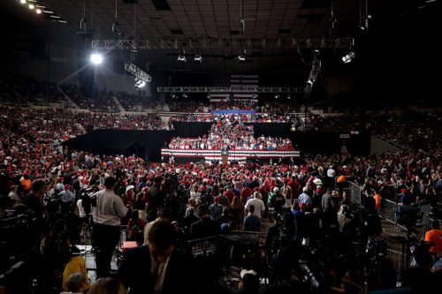 President of the United States Donald Trump speaking with supporters at a "Keep America Great" rally at Arizona Veterans Memorial Coliseum in Phoenix, Arizona.