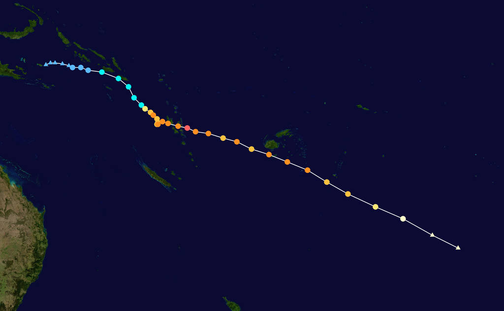 Track map of Severe Tropical Cyclone Harold of the 2019-20 Australian region cyclone season and the 2019-20 South Pacific cyclone season.